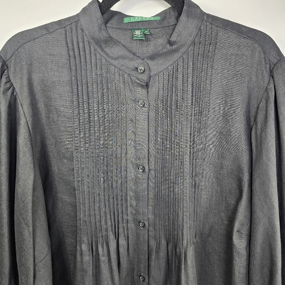 Lauren Ralph Lauren Pintuck Pleat Band Collar 3/4 Sleeve Linen Tunic Black 2X - Picture 5 of 10